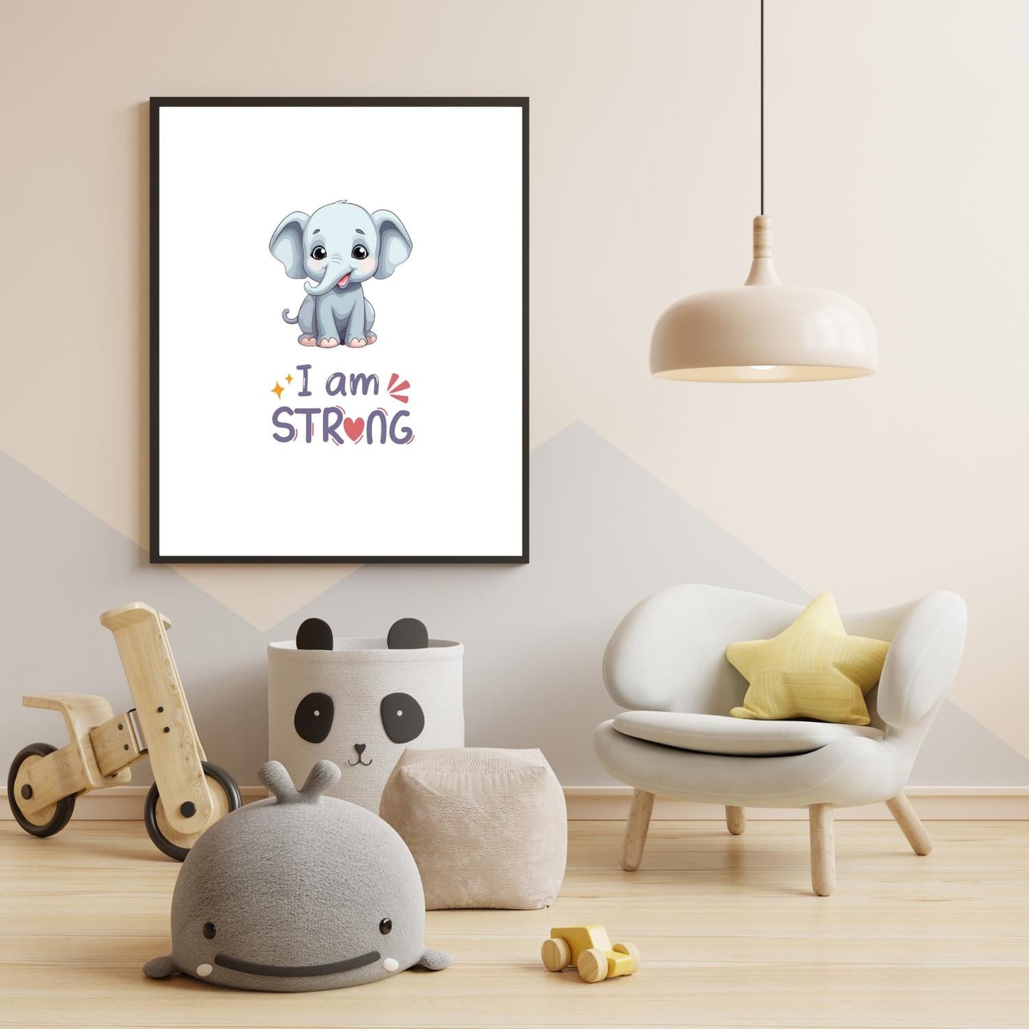 I Am Strong Elephant Wall Art – Cute Baby Animal Nursery Print – Inspirational Kids Room Decor