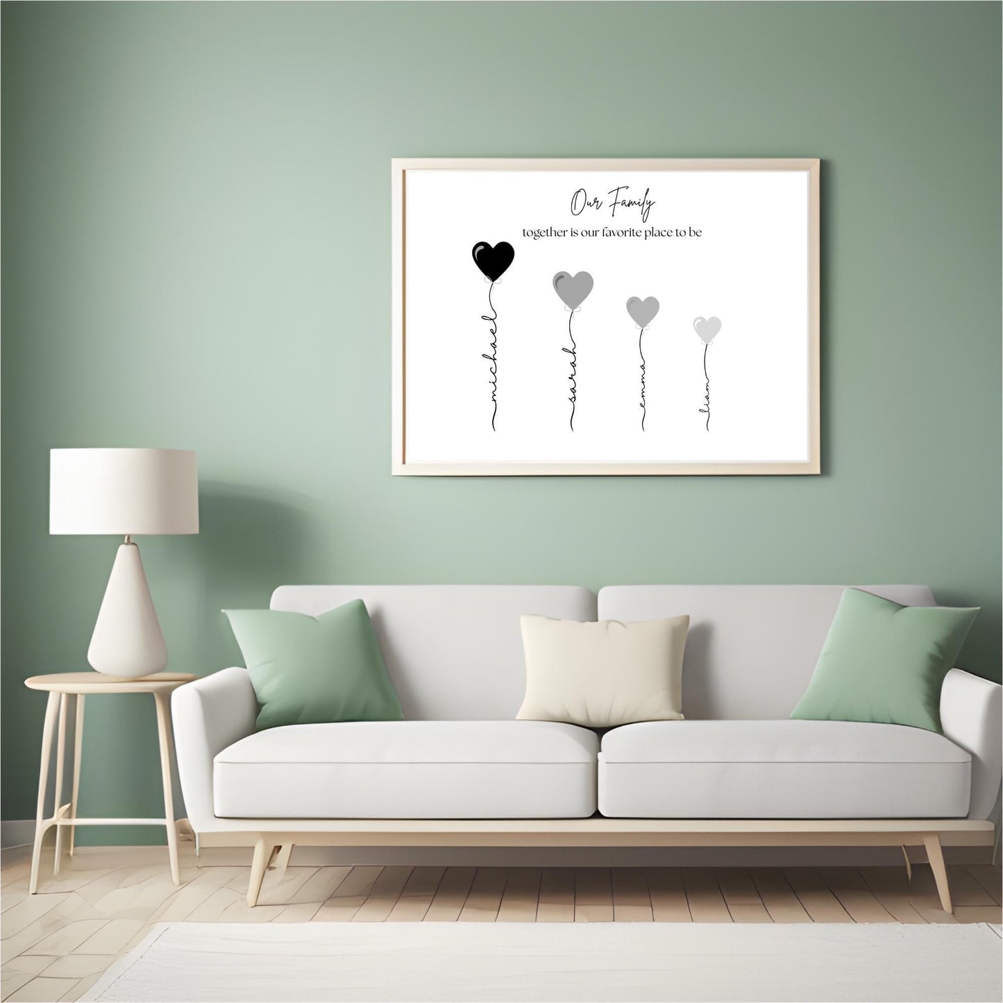 Personalized Family Name Print with Heart Balloons | Custom Family Portrait Wall Art | New Home Gift for Parents | Custom Quote & Pet Name