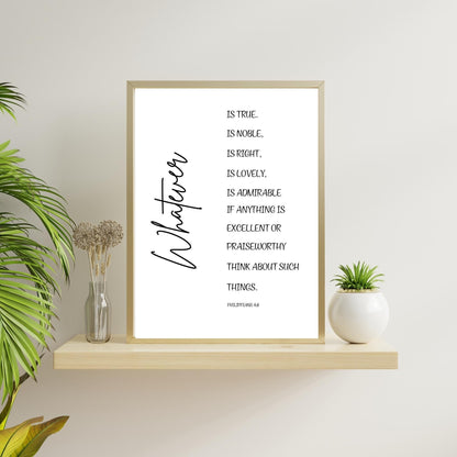 Whatever Is True Bible Verse Wall Art – Philippians 4:8 Christian Scripture Print – Modern Minimalist Faith Home Decor
