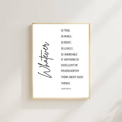 Whatever Is True Bible Verse Wall Art – Philippians 4:8 Christian Scripture Print – Modern Minimalist Faith Home Decor