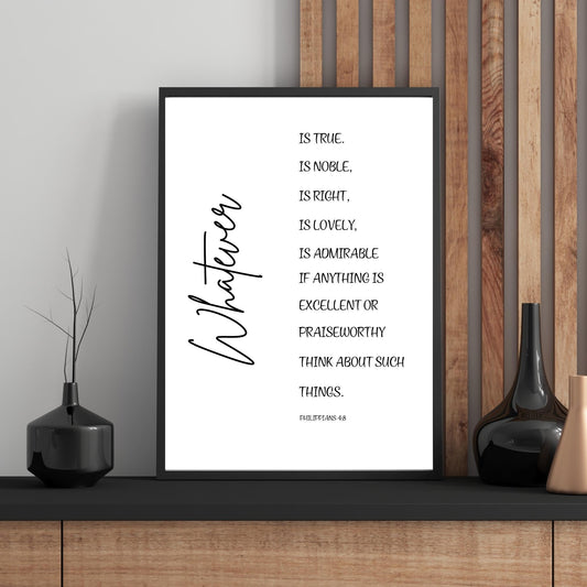 Whatever Is True Bible Verse Wall Art – Philippians 4:8 Christian Scripture Print – Modern Minimalist Faith Home Decor