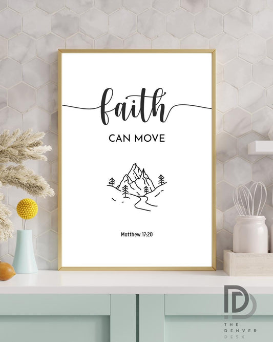 Faith Can Move Mountains Wall Art – Matthew 17:20 Bible Verse Print – Christian Scripture Framed Poster – Minimalist Religious Home Decor