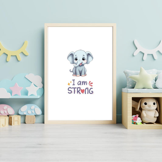 I Am Strong Elephant Wall Art – Cute Baby Animal Nursery Print – Inspirational Kids Room Decor