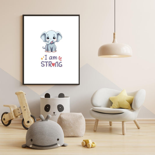 I Am Strong Elephant Wall Art – Cute Baby Animal Nursery Print – Inspirational Kids Room Decor