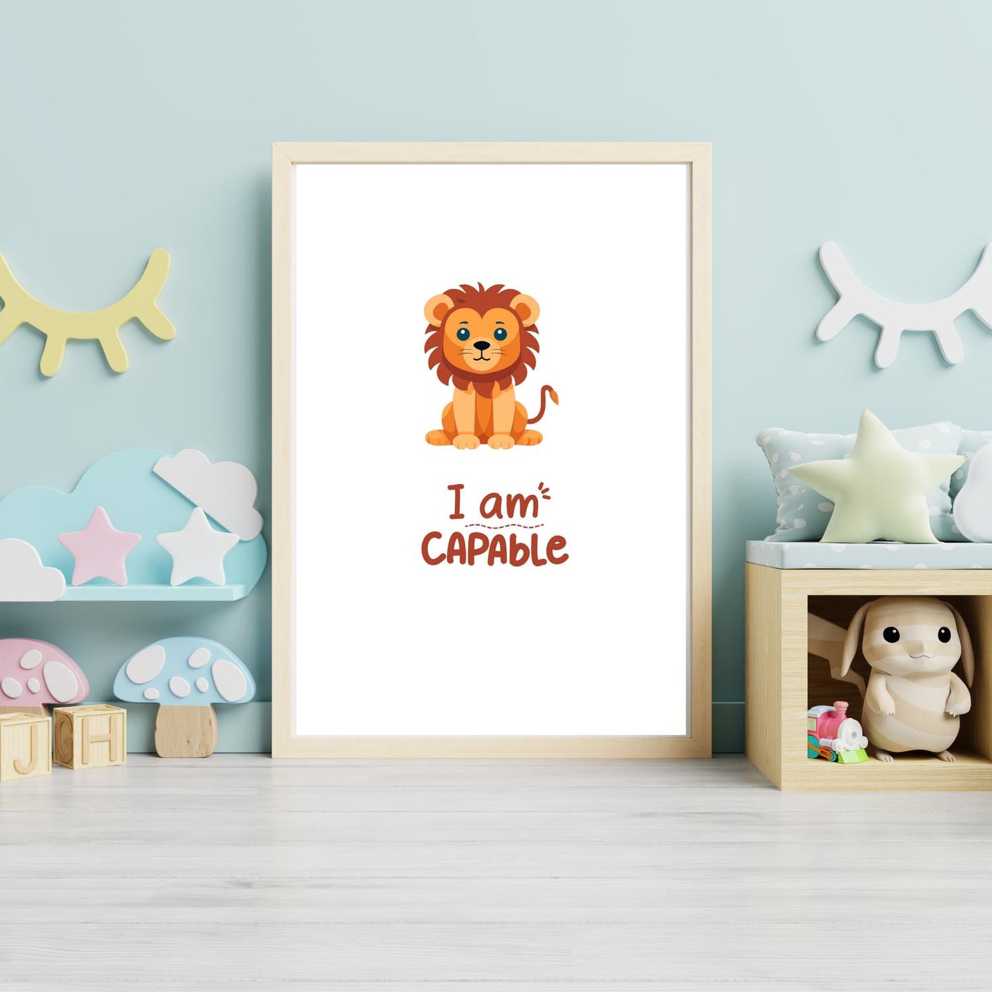I Am Capable Lion Wall Art – Cute Baby Lion Nursery Print – Motivational Quote Kids Room Decor