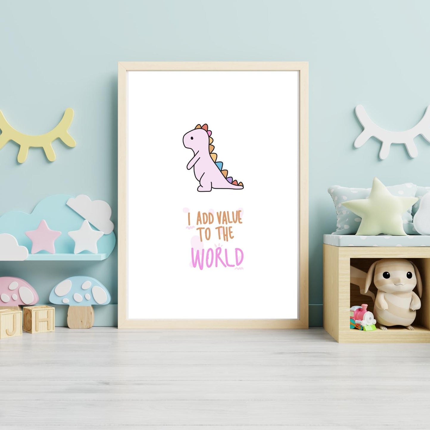 I Add Value to the World Dinosaur Wall Art – Cute Pink Dino Nursery Print – Inspirational Quote Kids Room Decor