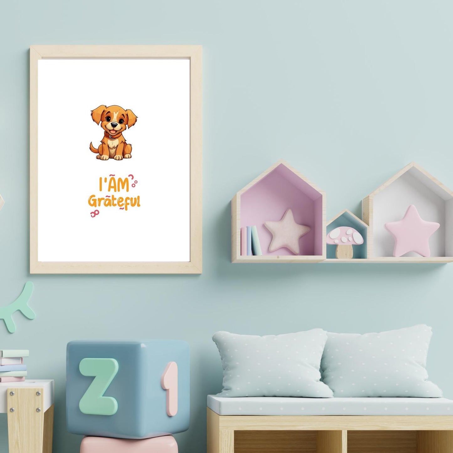 I Am Grateful Puppy Wall Art – Cute Dog Nursery Print – Positive Quote Kids Room Decor