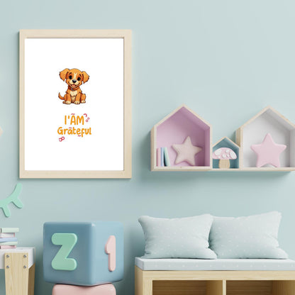 I Am Grateful Puppy Wall Art – Cute Dog Nursery Print – Positive Quote Kids Room Decor