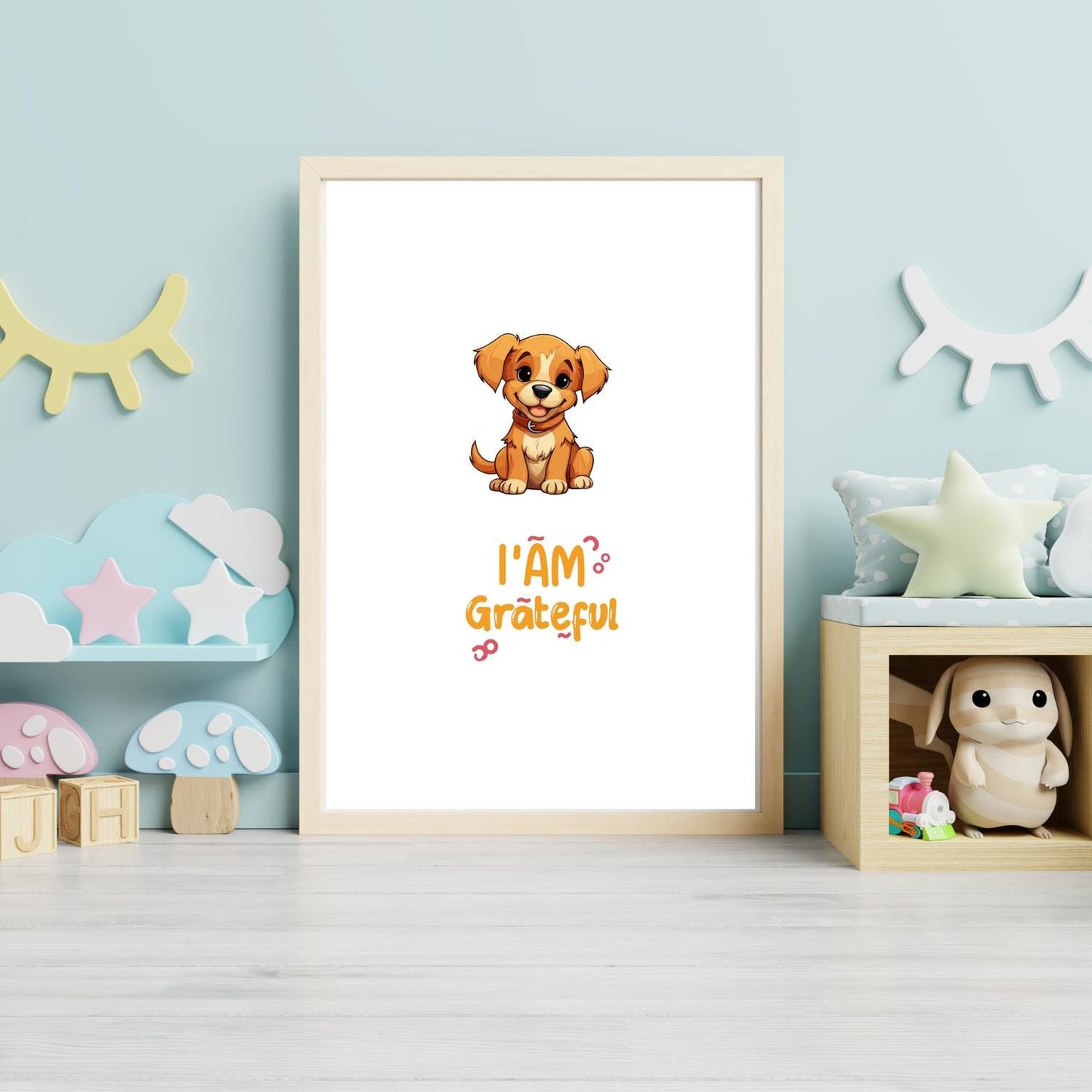 I Am Grateful Puppy Wall Art – Cute Dog Nursery Print – Positive Quote Kids Room Decor