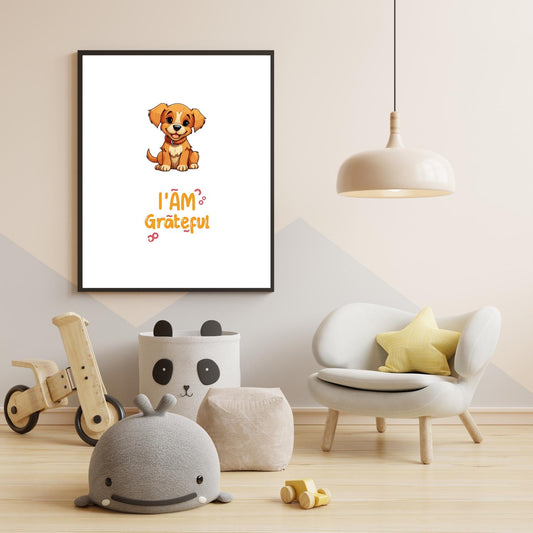 I Am Grateful Puppy Wall Art – Cute Dog Nursery Print – Positive Quote Kids Room Decor