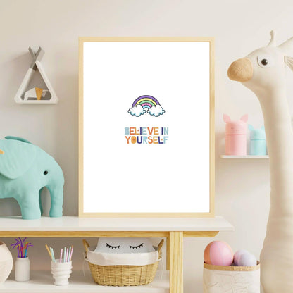 Believe in Yourself Rainbow Wall Art – Cute Kids Room Printable – Positive Quote Nursery Decor