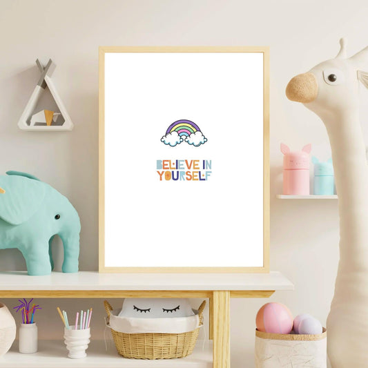 Believe in Yourself Rainbow Wall Art – Cute Kids Room Printable – Positive Quote Nursery Decor