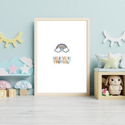 Believe in Yourself Rainbow Wall Art – Cute Kids Room Printable – Positive Quote Nursery Decor