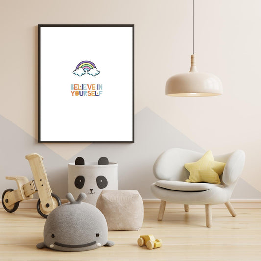 Believe in Yourself Rainbow Wall Art – Cute Kids Room Printable – Positive Quote Nursery Decor