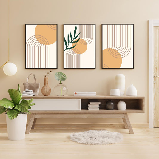Boho Minimalist Wall Art Set of 3 – Modern Geometric Shapes with Abstract Leaf – Framed Artwork for Living Room Decor