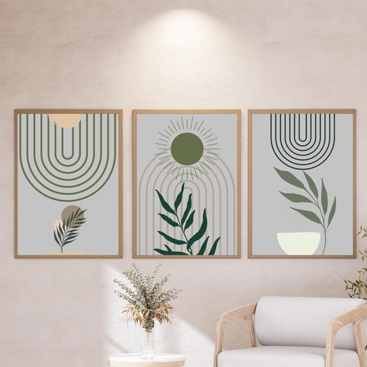 3-Piece Modern Minimalist Wall Art – Abstract Botanical Prints in Earthy Green & Grey – Geometric Portrait Set – Rolled Canvas