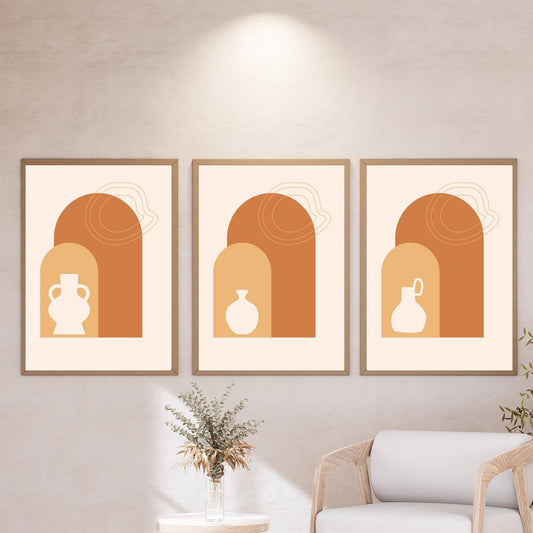 3-Piece Modern Minimalist Wall Art – Terracotta Arch & Vase Prints – Boho Neutral Home Decor – Abstract Geometric Set