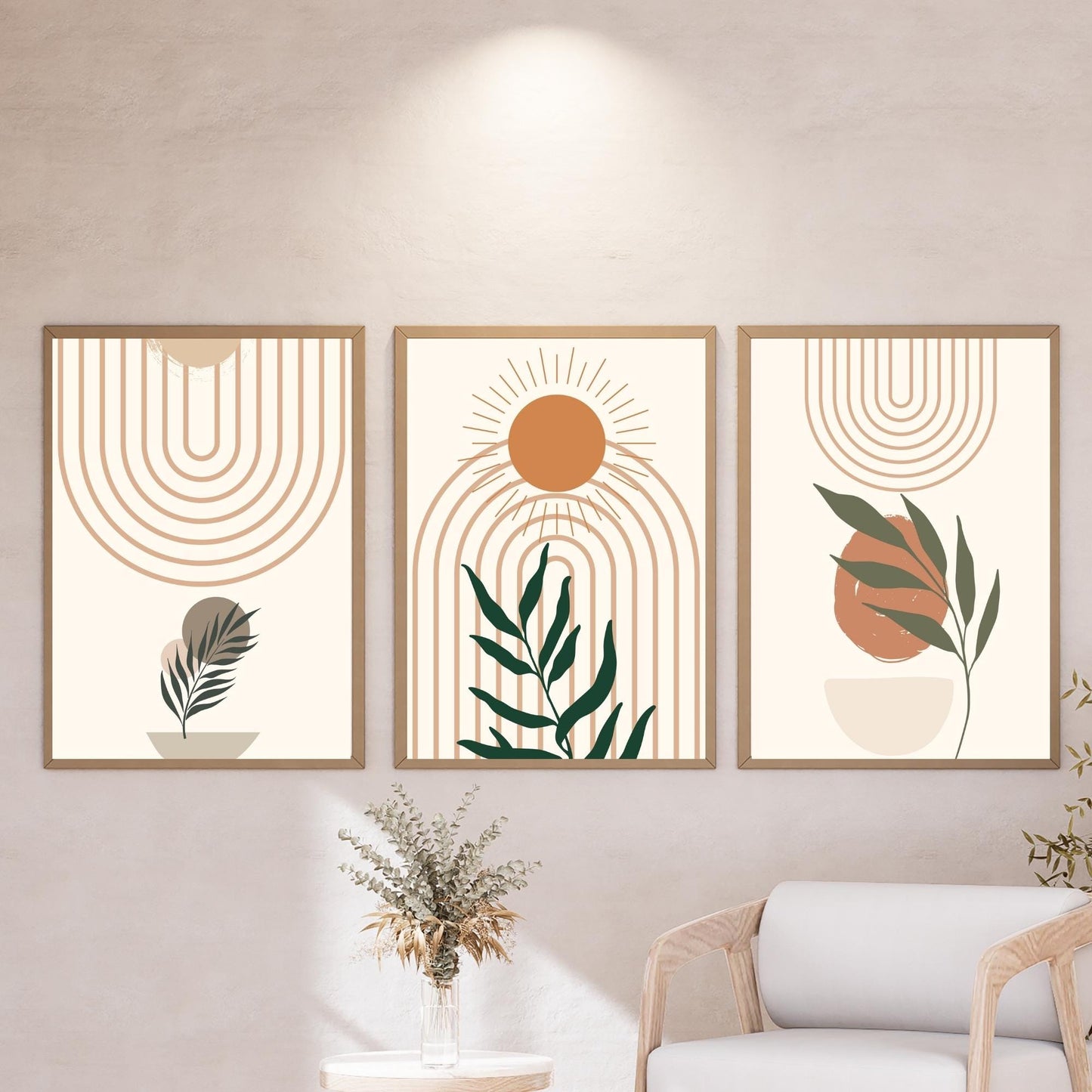 3-Piece Modern Minimalist Wall Art – Botanical Geometric Prints in Terracotta & Green – Abstract Boho Aesthetic Home Decor