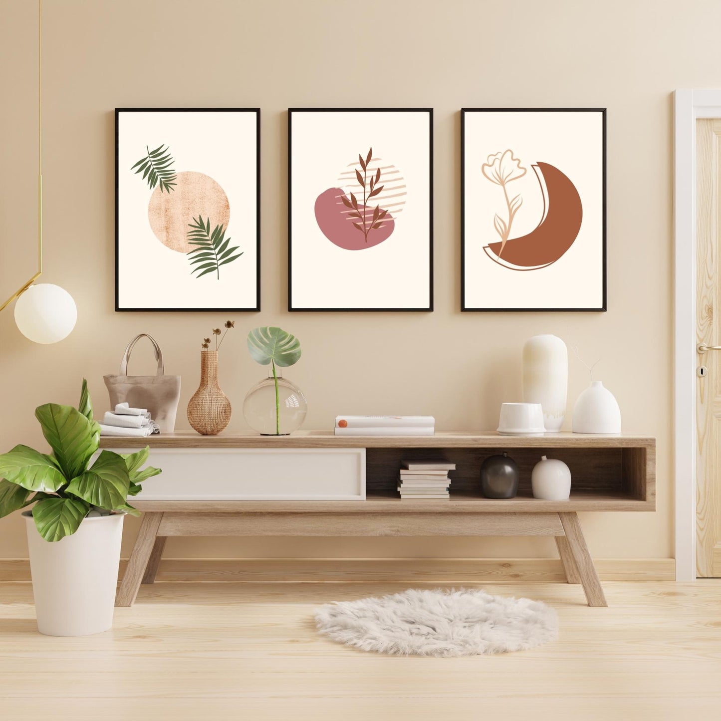 3-Piece Modern Minimalist Wall Art – Botanical Boho Prints in Terracotta & Green – Abstract Boho Aesthetic Home Decor