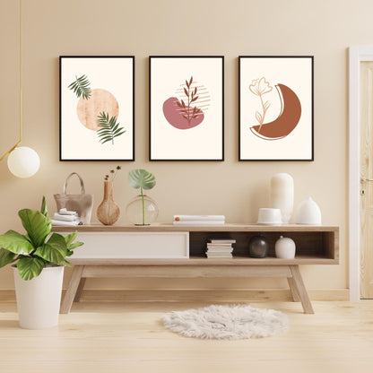 3-Piece Modern Minimalist Wall Art – Botanical Boho Prints in Terracotta & Green – Abstract Boho Aesthetic Home Decor