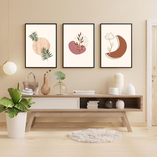 3-Piece Modern Minimalist Wall Art – Botanical Boho Prints in Terracotta & Green – Abstract Boho Aesthetic Home Decor
