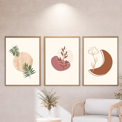 3-Piece Modern Minimalist Wall Art – Botanical Boho Prints in Terracotta & Green – Abstract Boho Aesthetic Home Decor