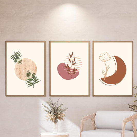 3-Piece Modern Minimalist Wall Art – Botanical Boho Prints in Terracotta & Green – Abstract Boho Aesthetic Home Decor