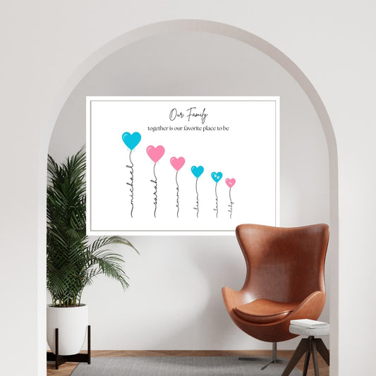 Personalized Family Name Print with Heart Balloons | Custom Family Portrait Wall Art | New Home Gift for Parents | Custom Quote & Pet Name