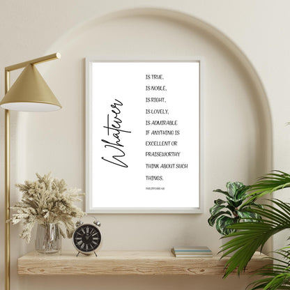 Whatever Is True Bible Verse Wall Art – Philippians 4:8 Christian Scripture Print – Modern Minimalist Faith Home Decor