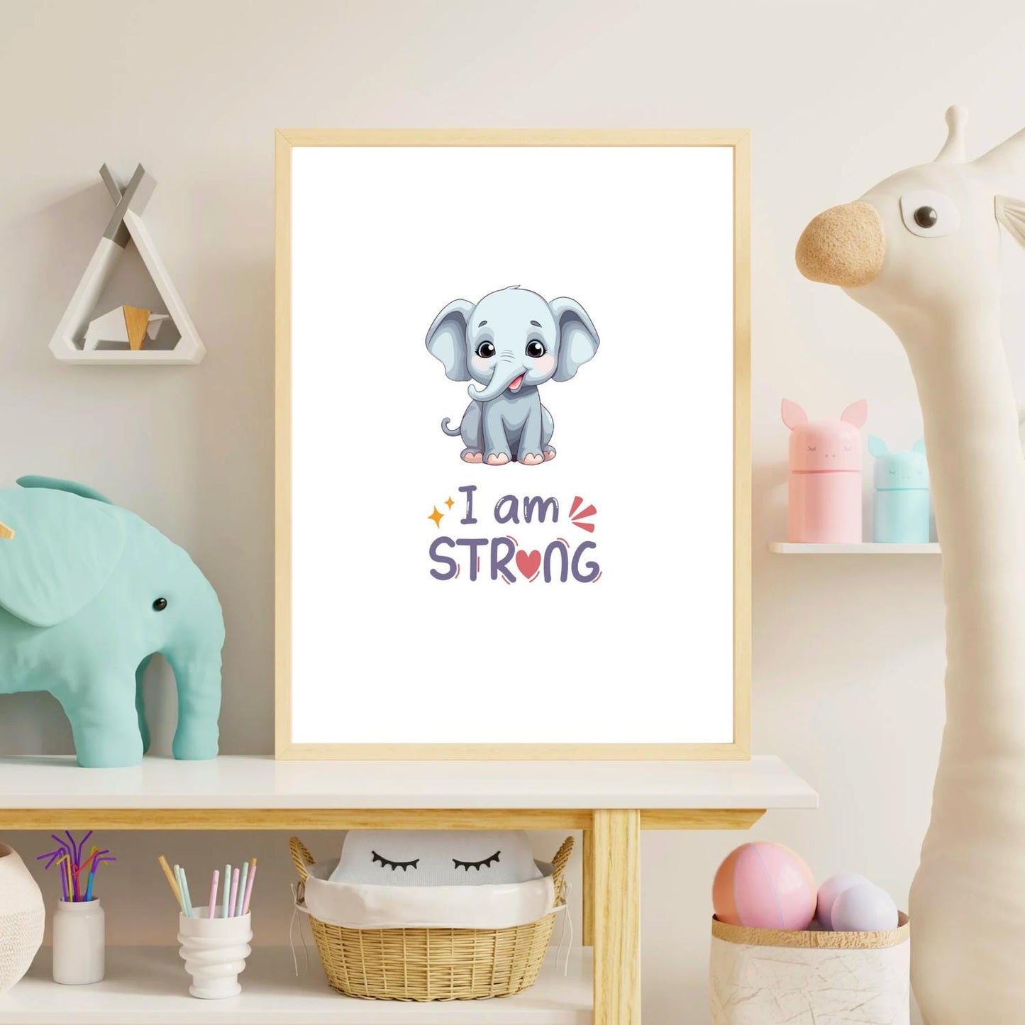 I Am Strong Elephant Wall Art – Cute Baby Animal Nursery Print – Inspirational Kids Room Decor