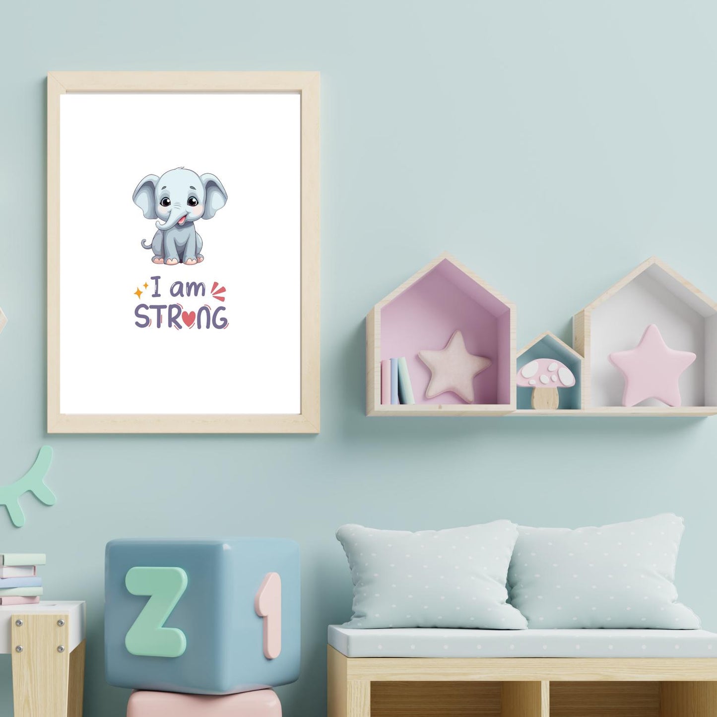 I Am Strong Elephant Wall Art – Cute Baby Animal Nursery Print – Inspirational Kids Room Decor