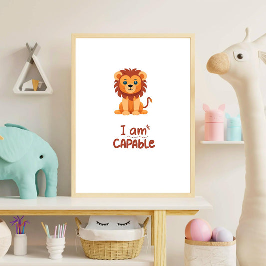 I Am Capable Lion Wall Art – Cute Baby Lion Nursery Print – Motivational Quote Kids Room Decor