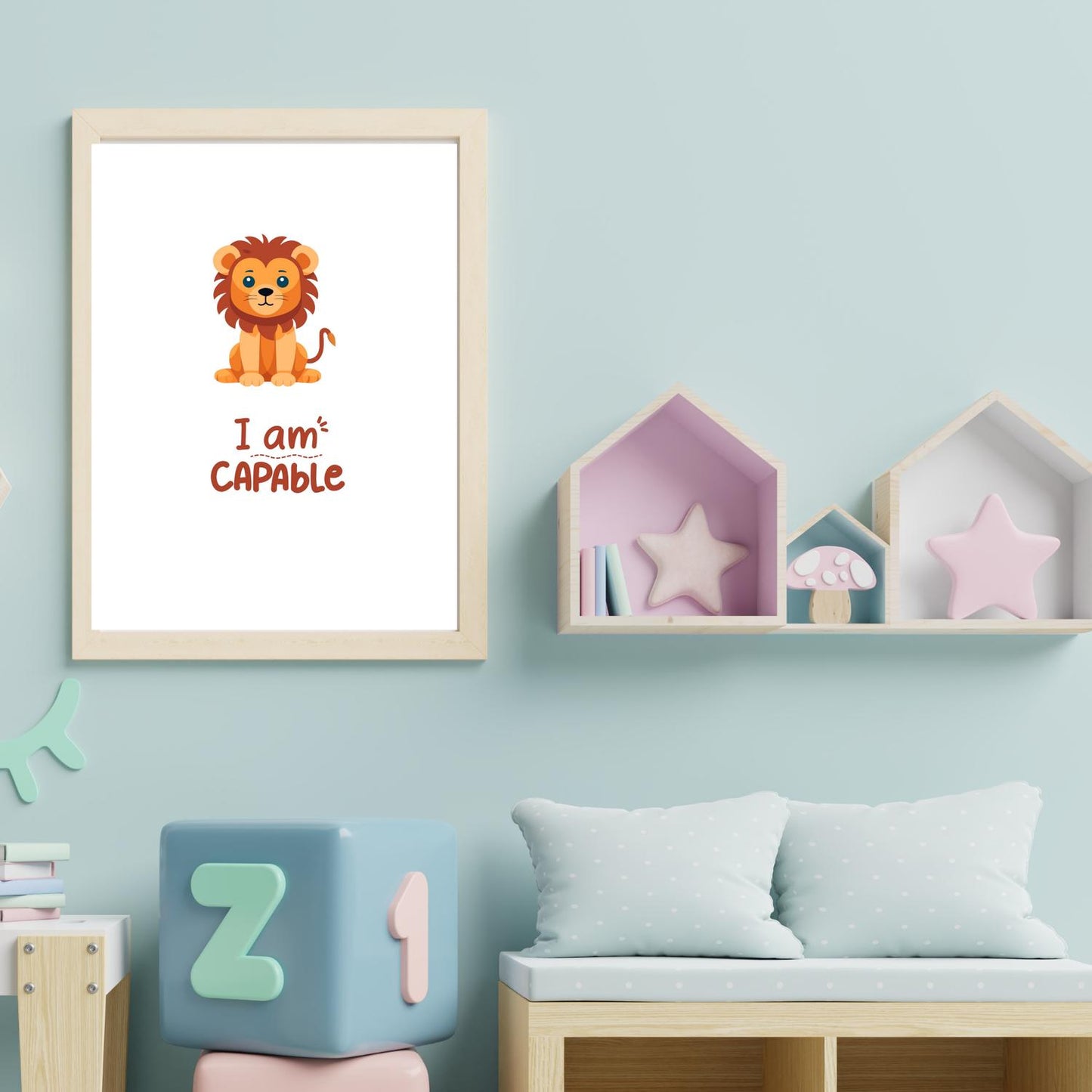I Am Capable Lion Wall Art – Cute Baby Lion Nursery Print – Motivational Quote Kids Room Decor