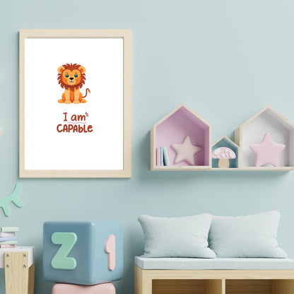 I Am Capable Lion Wall Art – Cute Baby Lion Nursery Print – Motivational Quote Kids Room Decor