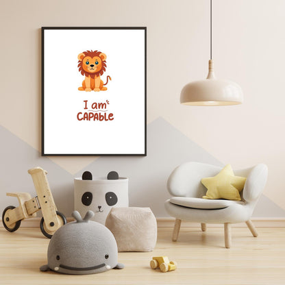 I Am Capable Lion Wall Art – Cute Baby Lion Nursery Print – Motivational Quote Kids Room Decor