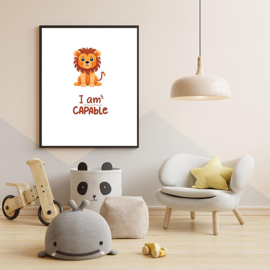 I Am Capable Lion Wall Art – Cute Baby Lion Nursery Print – Motivational Quote Kids Room Decor