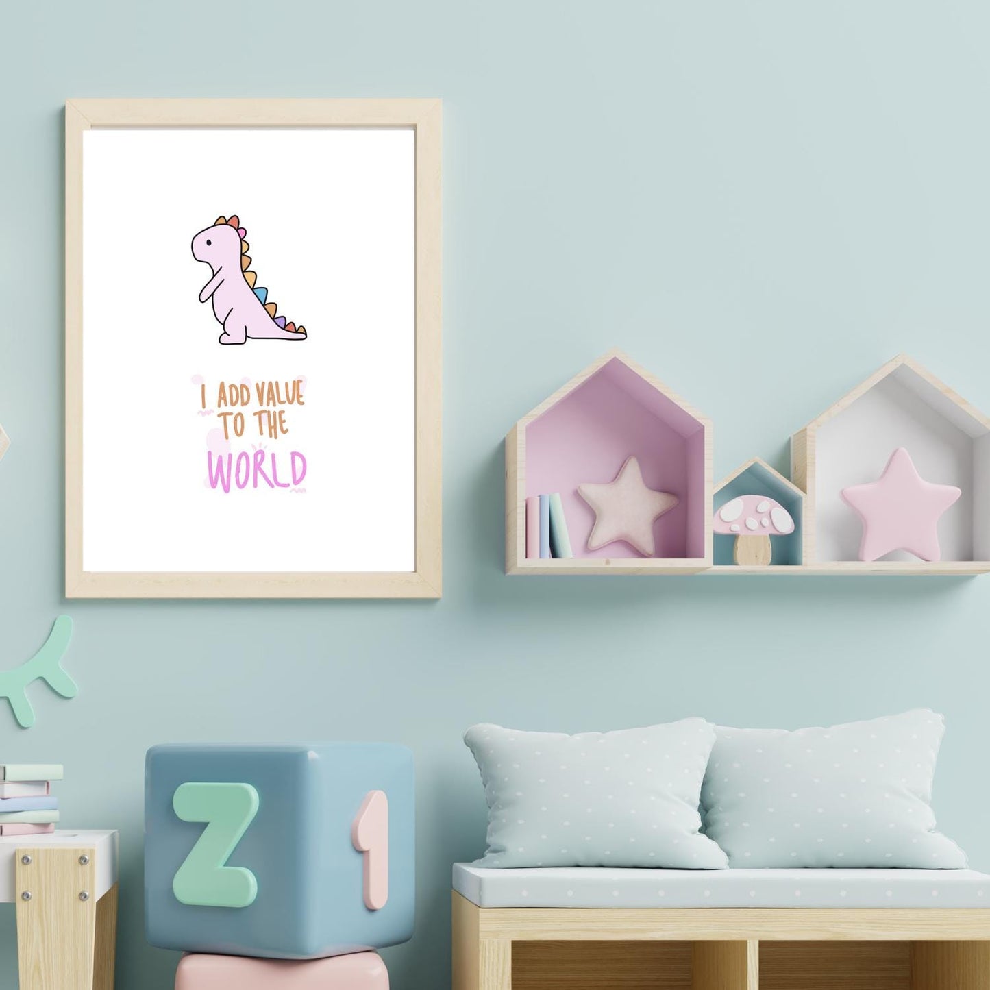 I Add Value to the World Dinosaur Wall Art – Cute Pink Dino Nursery Print – Inspirational Quote Kids Room Decor
