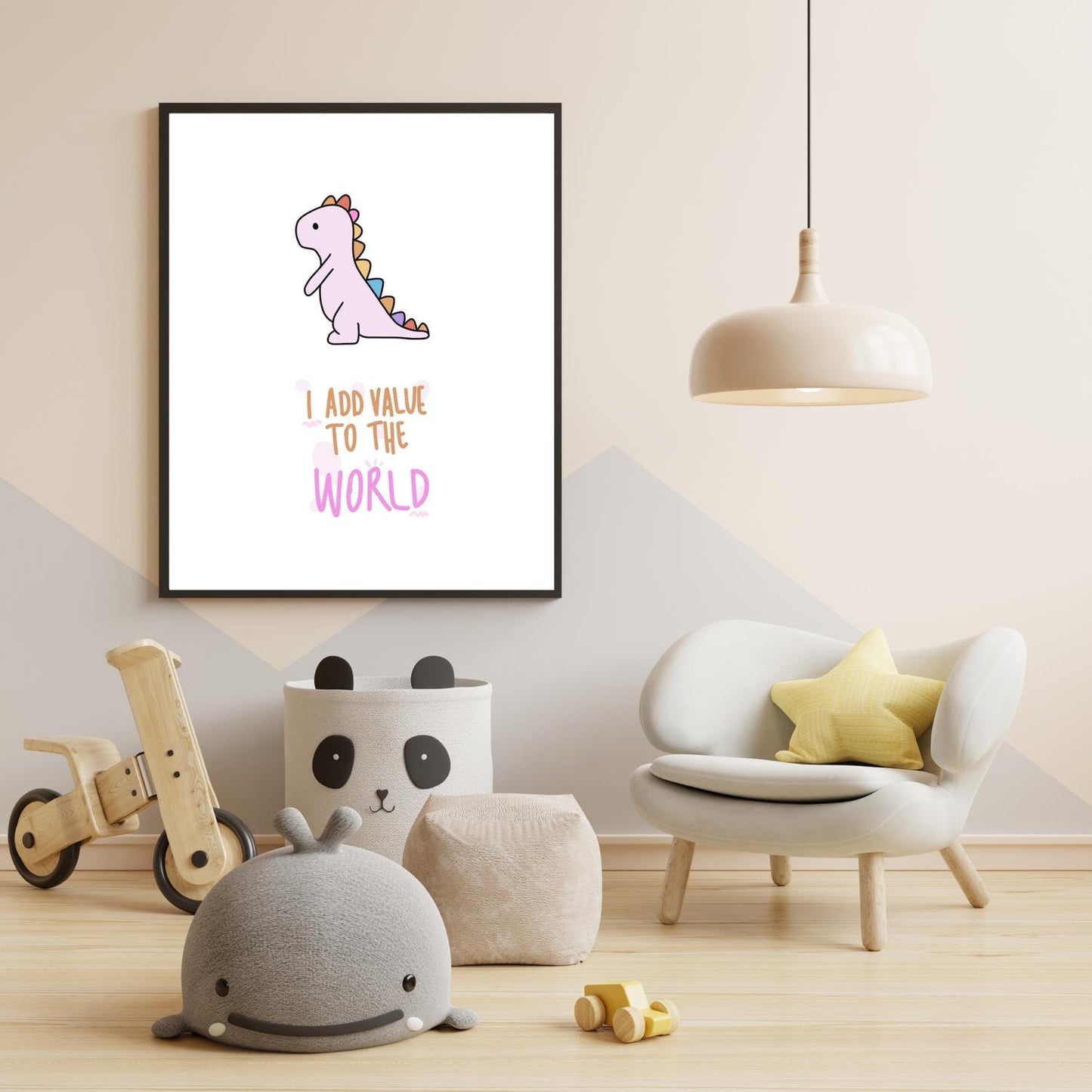 I Add Value to the World Dinosaur Wall Art – Cute Pink Dino Nursery Print – Inspirational Quote Kids Room Decor