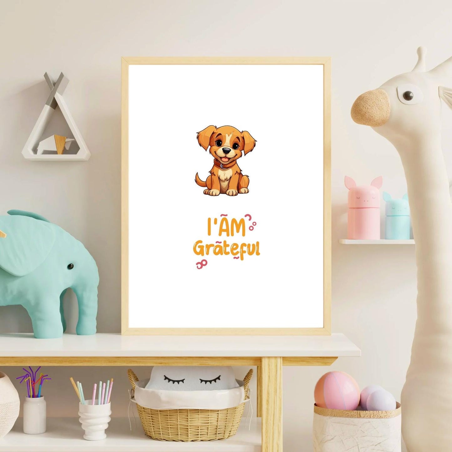 I Am Grateful Puppy Wall Art – Cute Dog Nursery Print – Positive Quote Kids Room Decor