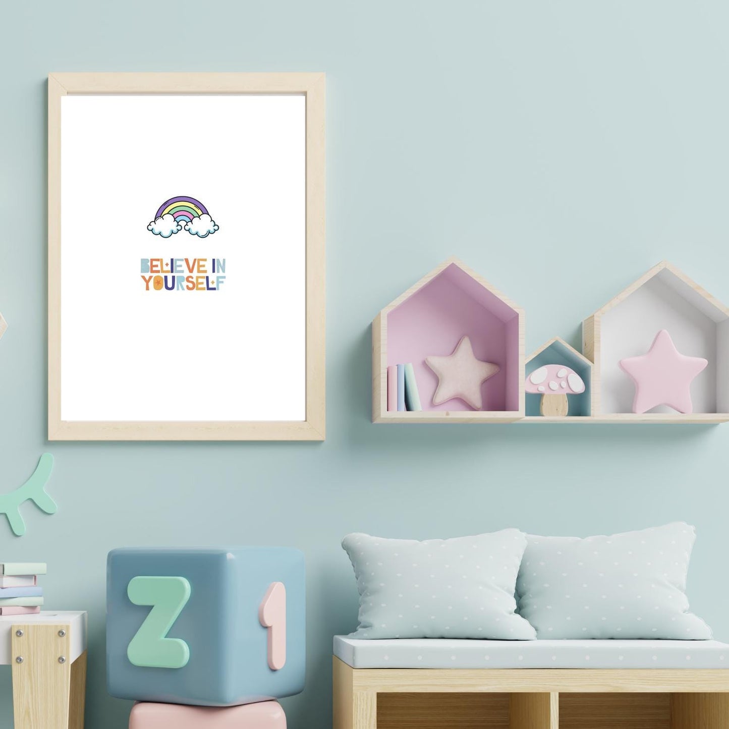 Believe in Yourself Rainbow Wall Art – Cute Kids Room Printable – Positive Quote Nursery Decor