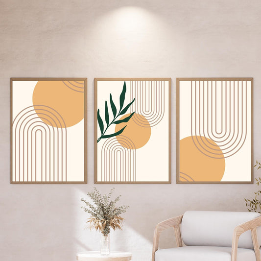 Boho Minimalist Wall Art Set of 3 – Modern Geometric Shapes with Abstract Leaf – Framed Artwork for Living Room Decor