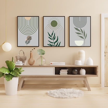 3-Piece Modern Minimalist Wall Art – Abstract Botanical Prints in Earthy Green & Grey – Geometric Portrait Set – Rolled Canvas