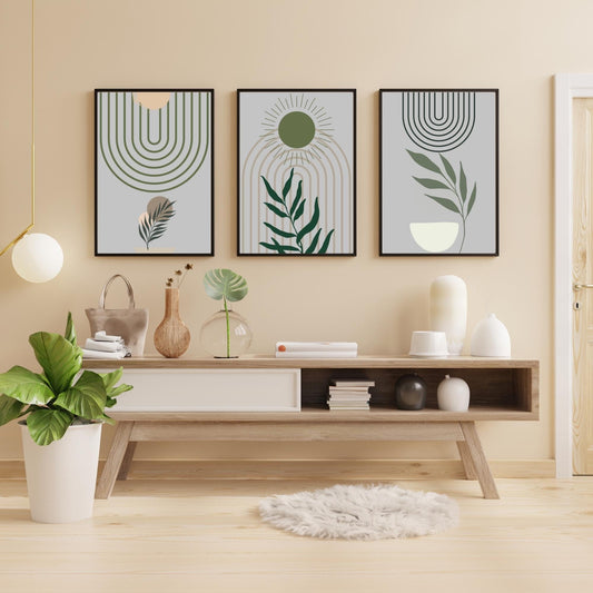 3-Piece Modern Minimalist Wall Art – Abstract Botanical Prints in Earthy Green & Grey – Geometric Portrait Set – Rolled Canvas