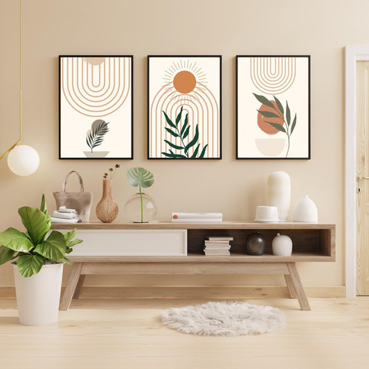 3-Piece Modern Minimalist Wall Art – Botanical Geometric Prints in Terracotta & Green – Abstract Boho Aesthetic Home Decor