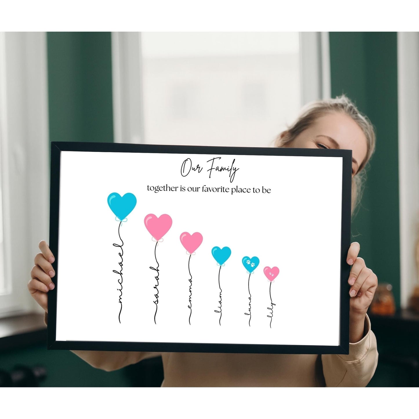Personalized Family Name Print with Heart Balloons | Custom Family Portrait Wall Art | New Home Gift for Parents | Custom Quote & Pet Name