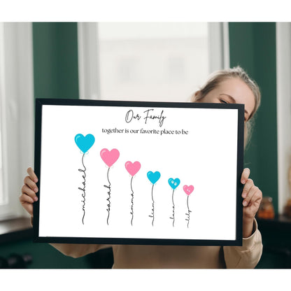 Personalized Family Name Print with Heart Balloons | Custom Family Portrait Wall Art | New Home Gift for Parents | Custom Quote & Pet Name